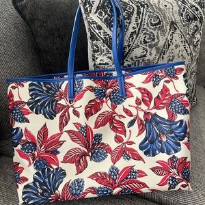 Floral Tote Bag with Blue and Red Accents
